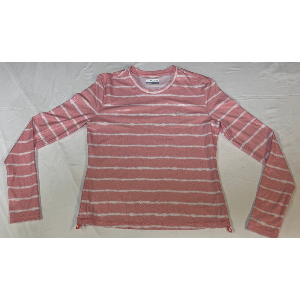 Columbia Womens Omni-Shade Sun Shirt Pink White Striped Long Sleeve Medium